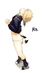 Rule 34 | 1boy, 1girl, ass, ass grab, blonde hair, blush, butt crack, closed eyes, dog tail, erica hartmann, from side, hetero, highres, military, military uniform, no pants, panties, short hair, simple background, strike witches, tail, tiptoes, underwear, uniform, white background, white panties, world witches series, zhongye yu