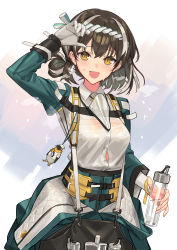 Rule 34 | 1girl, arknights, arm up, bird mask, black hair, brown eyes, button gap, collared shirt, dress shirt, earrings, gloves, hachimaki, headband, highres, jewelry, long sleeves, looking at viewer, magallan (arknights), magallan (shaved-ice memories) (arknights), mask, mask around neck, multicolored hair, nejiri hachimaki, official alternate costume, open mouth, shirt, short hair, sigm@, smile, snowflake earrings, snowflakes, solo, streaked hair, sweat, emperor (arknights), two-tone hair, white gloves, white hair, white shirt