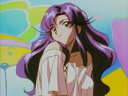 Rule 34 | 1990s (style), 1girl, bare shoulders, colorful, idol boueitai hummingbird, idol bouetai hummingbird, looking at viewer, purple hair, retro artstyle, screencap, shirt, smile