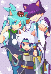 Rule 34 | 3boys, animal ears, aqua hair, bandana, black gloves, blue bandana, blue eyes, bowl cut, bug, bug print, cape, cat boy, cat ears, cat tail, collared shirt, dadadanoda, expressionless, fang, fingerless gloves, gloves, hair over eyes, heterochromia, insect, insect on head, ladybug, male focus, multiple boys, necktie, open mouth, parted bangs, paw pose, paw print, paw print background, pointing, pointing at self, ponytail, purple hair, puyopuyo, red eyes, sasaki maguro, schezo wegey, shirt, short hair, short sleeves, sig (puyopuyo), simple background, sweat, sword, tail, undershirt, weapon, white hair, white shirt