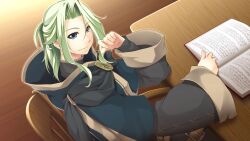 Rule 34 | 1boy, armchair, atelier-moo, belt, book, chair, closed mouth, curtained hair, green eyes, green hair, highres, holding, holding quill, hood, hood down, hooded jacket, indoors, jacket, long sleeves, male focus, medium hair, merak yildis, open book, quill, sitting, smile, solo, table, wavy hair, wizards symphony