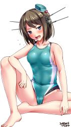 Rule 34 | 1girl, aqua one-piece swimsuit, artist name, beret, blue eyes, blush, breasts, brown hair, collarbone, competition swimsuit, dated, embarrassed, hair ornament, hairclip, hat, hat ribbon, headgear, highres, kantai collection, looking at viewer, maya (kancolle), maya kai ni (kancolle), medium breasts, one-piece swimsuit, open mouth, red ribbon, ribbon, short hair, simple background, sitting, smile, solo, swimsuit, tsuchimiya, white background, x hair ornament