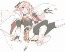 Rule 34 | 1boy, :d, armor, astolfo (fate), black bow, black thighhighs, blush, boots, bow, braid, cape, fang, fate/apocrypha, fate (series), garter straps, gauntlets, hair between eyes, hair bow, hair ribbon, heart, holding, holding sword, holding weapon, knee boots, long hair, looking at viewer, male focus, mobu, open mouth, pink hair, purple eyes, ribbon, scabbard, sheath, simple background, single braid, smile, solo, sword, thighhighs, trap, unsheathed, weapon, white background, white footwear