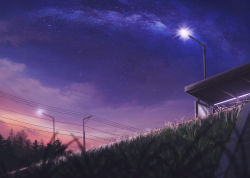Rule 34 | absurdres, bus stop, commentary request, evening, grass, highres, lamppost, light, no humans, original, outdoors, power lines, scenery, sengo tubasa, sky, stairs, star (sky), starry sky, utility pole