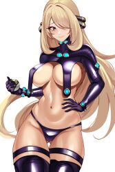 Rule 34 | 1girl, alternate costume, blonde hair, breasts, closed mouth, cowboy shot, creatures (company), cynthia (pokemon), game freak, gantz, gantz suit, gluteal fold, grey eyes, groin, hair over one eye, hand on own hip, highres, holding, holding poke ball, large breasts, long hair, looking at viewer, navel, nintendo, poke ball, pokemon, pokemon dppt, shrug (clothing), simple background, solo, stomach, thighhighs, thighs, ultra ball, very long hair, volyz, white background