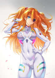 Rule 34 | 1girl, arm up, artist name, blue eyes, bodysuit, breasts, commentary, commission, contrapposto, covered collarbone, covered navel, cowboy shot, english commentary, evangelion: 3.0+1.0 thrice upon a time, gloves, gradient background, grey background, hair between eyes, hand on own hip, head tilt, highres, interface headset, lenadai, long hair, looking at viewer, medium breasts, neon genesis evangelion, orange hair, parted lips, petals, plugsuit, rainbow order, rebuild of evangelion, shiny clothes, signature, solo, souryuu asuka langley, standing, two side up, white background, white bodysuit, white gloves