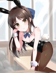 1girl :/ adjusting_hair animal_ears arm_support black_leotard black_pantyhose blue_bow blue_bowtie blurry blurry_background blurry_foreground blush bow bowtie breasts brown_eyes brown_hair cleavage closed_mouth day detached_collar fake_animal_ears fake_tail hair_bow hand_up hashtag-only_commentary highres idolmaster idolmaster_cinderella_girls indoors legs leotard long_hair looking_at_viewer pantyhose paopao playboy_bunny rabbit_ears rabbit_tail serious sidelocks small_breasts solo table tachibana_arisu tail thighs twitter_username v-shaped_eyebrows window wrist_cuffs