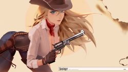 Rule 34 | 1girl, ass, bad id, bad pixiv id, belt, bent over, blonde hair, blue eyes, breasts, brown gloves, cleavage, corset, cowboy hat, cowboy western, denim, fingerless gloves, gloves, gun, handgun, hat, highres, holding, holding gun, holding weapon, holster, jeans, jn3, long hair, looking at viewer, neckerchief, original, pants, parted lips, revolver, smile, solo, weapon