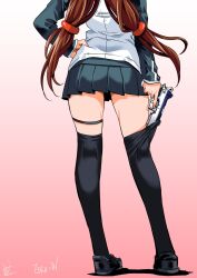 Rule 34 | 1girl, black thighhighs, bren ten, brown hair, dated, from behind, gradient background, gun, hand on own hip, handgun, head out of frame, highres, inoue sora, legs, long hair, low-tied long hair, miniskirt, nazume mikuru, pink background, pleated skirt, school uniform, shoes, signature, skirt, solo, standing, thigh strap, thighhighs, thighhighs pull, trigger discipline, twintails, weapon, white background, zero in
