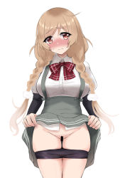 Rule 34 | 1girl, arm warmers, bar censor, bike shorts, blush, bow, bowtie, braid, breasts, censored, clothes lift, cowboy shot, flashing, gradient hair, groin, kantai collection, large breasts, light brown hair, long hair, looking at viewer, minegumo (kancolle), multicolored hair, pleated skirt, red bow, red bowtie, red eyes, sasakura (calicchio), school uniform, shirt, short shorts, shorts, simple background, skirt, solo, suspenders, twin braids, white background, white shirt
