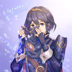 Rule 34 | 1girl, anbe yoshirou, armor, belt, blue eyes, blue hair, breasts, bug, butterfly, cape, fingerless gloves, fire emblem, fire emblem awakening, fire emblem cipher, gloves, highres, insect, looking at viewer, lucina (fire emblem), mask, nintendo, pauldrons, short hair, shoulder armor, small breasts, solo, tiara