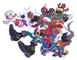 Rule 34 | absurdres, alternate costume, antlers, boots, bow, cubot, dr. eggman, dress, evan stanley, facial hair, fake antlers, father and daughter, flying, glasses, highres, holding, holding sack, horns, metal sonic, mustache, orbot, red bow, red eyes, reindeer antlers, robot, sack, sage (sonic), santa costume, simple background, smile, sonic (series)