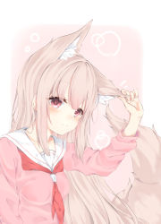 Rule 34 | 1girl, animal ear fluff, animal ears, arm up, blush, breasts, brown hair, closed mouth, commentary request, fox ears, fox girl, fox tail, gradient background, hair between eyes, hand on own ear, highres, konagi (konotuki), long hair, long sleeves, looking at viewer, neckerchief, original, pink background, pink shirt, red eyes, red neckerchief, sailor collar, school uniform, serafuku, shirt, small breasts, smile, solo, tail, tail raised, very long hair, white background, white sailor collar