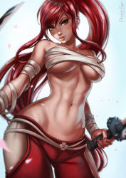 Rule 34 | 1girl, alternate costume, arm wrap, artist name, bandaged arm, bandages, bandages around chest, bare shoulders, breasts, breasts apart, brown eyes, budget sarashi, cameltoe, collarbone, contrapposto, cowboy shot, dandon fuga, erza scarlet, eyelashes, fairy tail, fingernails, gluteal fold, groin, hakama, hakama skirt, high ponytail, hip vent, holding, holding sword, holding weapon, japanese clothes, katana, large breasts, legs apart, long hair, looking at viewer, midriff, navel, parted lips, pink lips, ponytail, red hair, red hakama, sarashi, sidelocks, skirt, solo, standing, stomach, swept bangs, sword, toned, underboob, very long hair, watermark, weapon, web address