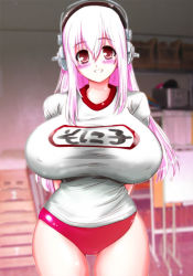 Rule 34 | 1girl, bad id, bad pixiv id, blush, breasts, buruma, gym uniform, headphones, huge breasts, impossible clothes, impossible shirt, long hair, looking at viewer, nitroplus, perepere-kun, pink eyes, pink hair, shirt, smile, solo, super sonico