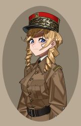 Rule 34 | 1girl, :/, absurdres, belt, blonde hair, blue eyes, brown jacket, collared shirt, drill hair, french army, hat, hearts of iron, highres, jacket, kaiserreich, kepi, military hat, original, pzkpfwi, shirt, v-shaped eyebrows, white shirt