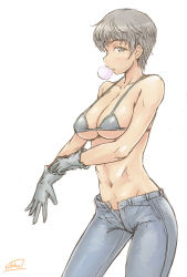 Rule 34 | 10s, 1girl, adjusting clothes, adjusting gloves, bad id, bad pixiv id, bikini, bikini top only, blush, breasts, blowing bubbles, chewing gum, cowboy shot, freckles, girls und panzer, gloves, grey eyes, grey hair, groin, large breasts, naomi (girls und panzer), navel, open fly, short hair, solo, solokov (okb-999), swimsuit, tomboy, very short hair, white background