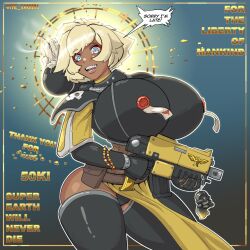 Rule 34 | 1girl, adepta sororitas, armor, black gauntlets, black thighhighs, blonde hair, blue eyes, bolt pistol, bolter, boobplate, breastplate, breasts, candle, charm (object), commentary, crossover, dark-skinned female, dark skin, english commentary, english text, fang, finger on trigger, gauntlets, gun, halo, helldiver (helldivers), helldivers (series), highres, holding, holding gun, holding weapon, huge breasts, milestone celebration, narrow waist, pelvic curtain, purity seal, ringed eyes, short hair, shoulder armor, solo, speech bubble, teeth, thank you, the varking, thighhighs, warhammer 40k, weapon