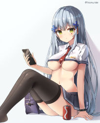 Rule 34 | 1girl, absurdres, areola slip, arm support, bag, bag charm, black skirt, black thighhighs, blunt bangs, blush, breasts, brown eyes, can, cellphone, character name, charm (object), clothes writing, collared shirt, commentary, crop top, drink can, facial mark, feet out of frame, girls&#039; frontline, green eyes, grey background, hair ornament, highres, hk416 (girls&#039; frontline), holding, holding phone, knees up, large breasts, long hair, looking at viewer, medium breasts, midriff, miniskirt, navel, necktie, parted lips, phone, pleated skirt, red necktie, school bag, shirt, short sleeves, sidelocks, silver hair, sitting, skirt, smartphone, sob (submar1089), soda can, solo, stomach, teardrop, thighhighs, twitter username, underboob, very long hair, white shirt, wristband