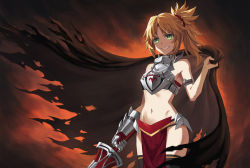 Rule 34 | 1girl, armor, bare shoulders, black thighhighs, blonde hair, braid, breastplate, breasts, brown cape, cape, clarent (fate), fate/apocrypha, fate (series), faulds, french braid, green eyes, grin, hair ornament, hair scrunchie, highres, long hair, looking at viewer, mordred (fate), mordred (fate/apocrypha), navel, parted bangs, pelvic curtain, ponytail, scrunchie, sidelocks, small breasts, smile, sword, thighhighs, thighs, tonee, weapon