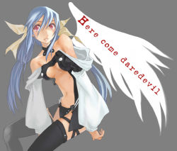Rule 34 | 1girl, arc system works, blue hair, bow, dizzy (guilty gear), english text, engrish text, guilty gear, hair bow, ranguage, red eyes, solo, thighhighs, ushiki yoshitaka, wings