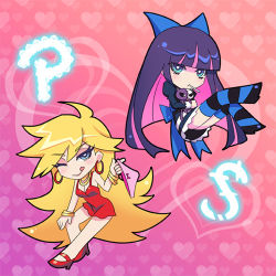 Rule 34 | 10s, 2girls, black dress, blonde hair, blue eyes, bow, chibi, dress, hair bow, honekoneko, honekoneko (psg), jewelry, kaizeru, long hair, lowres, multicolored hair, multiple girls, official style, panties, panty &amp; stocking with garterbelt, panty (psg), red dress, red skirt, siblings, sisters, skirt, stocking (psg), striped clothes, striped legwear, striped thighhighs, thighhighs, two-tone hair, underwear