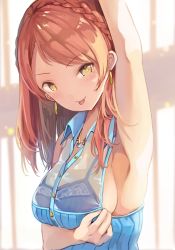 Rule 34 | 1girl, aonaga heri, arm up, armpits, bare shoulders, blue shirt, blush, braid, breasts, brown hair, collared shirt, commentary request, earrings, hojo karen, idolmaster, idolmaster cinderella girls, indoors, jewelry, long hair, looking at viewer, medium breasts, necklace, pendant, see-through, shirt, sideboob, sleeveless, smile, solo, tongue, tongue out, transparent, upper body, v-shaped eyebrows, yellow eyes