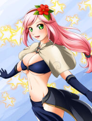 Rule 34 | 1girl, :d, bandeau, blue bandeau, blue gloves, breasts, capelet, cleavage, elbow gloves, floating hair, flower, gloves, green eyes, grey capelet, groin, hairband, kanzuki yuu, large breasts, leaf, long hair, low-tied long hair, mage (ragnarok online), navel, o-ring, open mouth, pink hair, ragnarok online, red flower, red hairband, side slit, skirt, smile, solo, standing, star (symbol), swept bangs, underboob