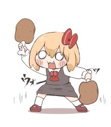 Rule 34 | 1girl, :3, blonde hair, boned meat, chibi, citrus (place), dual wielding, fang, food, hair ribbon, holding, legs apart, meat, neck bobbles, open mouth, ribbon, rumia, shadow, short hair, simple background, skin fang, solo, touhou, v-shaped eyebrows, white background