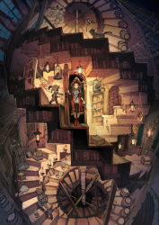 Rule 34 | 1girl, 3others, animal, bandana, bat (animal), birdcage, black hair, book, cage, candle, cat, commentary request, crate, demizu posuka, hat, highres, holding, holding lantern, holding sword, holding weapon, in cage, indoors, lantern, long hair, multiple others, original, pirate, pirate hat, red eyes, scenery, silk, skeleton, spider web, stairs, sword, weapon