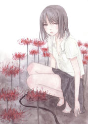 Rule 34 | 1girl, arms at sides, bare legs, barefoot, black eyes, black hair, black skirt, breast pocket, buttons, closed mouth, collarbone, collared shirt, expressionless, flower, legs, light blush, looking at viewer, medium hair, original, painting (medium), pleated skirt, pocket, red flower, shirt, short sleeves, skirt, solo, spider lily, squatting, toes, traditional media, watercolor (medium), white background, white shirt, yana kotta