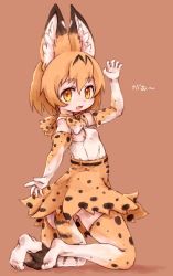 Rule 34 | 10s, 1girl, animal ears, bare shoulders, bow, breasts, brown background, claw pose, eyebrows, eyelashes, fang, from behind, full body, gao, gloves, hair between eyes, hand up, highres, kemono friends, kneeling, kolshica, legs apart, looking back, miniskirt, multicolored bow, multicolored clothes, multicolored gloves, multicolored legwear, multicolored neckwear, multicolored skirt, no bra, no shoes, open mouth, orange bow, orange eyes, orange gloves, orange hair, orange skirt, orange thighhighs, serval (kemono friends), serval print, serval tail, shadow, shirt, short hair, sideboob, simple background, skirt, sleeveless, sleeveless shirt, solo, tail, thighhighs, twisted torso, white bow, white gloves, white shirt, white thighhighs