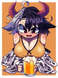 Rule 34 | 1girl, ahoge, alcohol, animal ears, animal print, awa (bihidasu), bare shoulders, beer, beer mug, black hair, breasts, cleavage, commentary, cow ears, cow print, cup, fang, highres, holding, horns, large breasts, long sleeves, looking at viewer, mug, multicolored hair, open mouth, red eyes, shirt, short hair, simple background, skin fang, smile, solo, split-color hair, touhou, two-tone hair, ushizaki urumi, white hair, yellow background, yellow shirt
