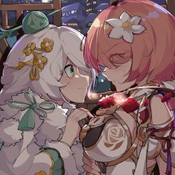 Rule 34 | blue eyes, breasts, brown hair, china dress, chinese clothes, closed mouth, dress, evzeva, flower, hair between eyes, hair flower, hair ornament, hair over one eye, hand fan, highres, holding, honkai (series), honkai impact 3rd, looking at another, looking to the side, nervous, outdoors, purple eyes, rita rossweisse, rita rossweisse (artemis), short hair, sideboob, smile, theresa apocalypse, white flower, zhuge kongming (honkai impact)