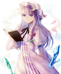 Rule 34 | 1girl, book, bow, crescent, crescent hair ornament, crystal, dress, flat chest, frilled dress, frilled sleeves, frills, green ribbon, hair bow, hair ornament, hair ribbon, hat, hat ribbon, holding, holding book, jitome, kaede (mmkeyy), long hair, mob cap, pajamas, patchouli knowledge, purple eyes, purple hair, red bow, red ribbon, ribbon, striped clothes, striped dress, touhou