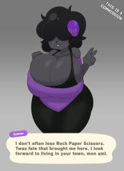 Rule 34 | 1girl, animal crossing, black pantyhose, breasts, cleavage, commission, duskyer, english text, female focus, furry, furry female, grey background, hair over eyes, hidden eyes, highres, huge breasts, nintendo, pantyhose, smile, solo, thick thighs, thighs, wide hips
