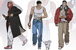 Rule 34 | 0mxmo, 1boy, absurdres, arm tattoo, beard stubble, black coat, black hair, blue overalls, brown pants, cereal box, coat, dragon tattoo, drink, facial hair, full body, headphones, headphones around neck, highres, holding, holding drink, holding leash, holding phone, hood, hood up, hoodie, jacket, leash, looking at animal, looking at viewer, looking to the side, male focus, multiple views, original, overalls, pants, phone, red hoodie, red jacket, shoes, short hair, sneakers, stubble, tank top, tattoo, toned, toned male, toothpick, w, white background, white dog, white pants, white tank top, zoom layer