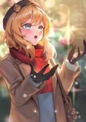 Rule 34 | 1boy, absurdres, androgyne symbol, aqua eyes, bag, black gloves, blonde hair, blurry, blurry background, blush, bridget (guilty gear), christmas, gloves, guilty gear, hakusyokuto, highres, jacket, long hair, male focus, open clothes, open jacket, open mouth, red scarf, scarf, shoulder bag, snowing, solo, sparkle, surprised, teeth, trap, upper teeth only, winter clothes