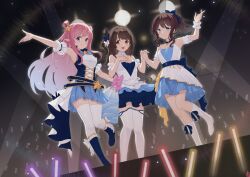 3girls absurdres arm_strap armpits bang_dream! bare_shoulders bead_bracelet beads belt blue_bow blue_eyes blue_footwear blue_ribbon blue_skirt bow bracelet breasts brown_eyes brown_hair closed_mouth collar criss-cross_straps dress elf glowstick hair_bow hair_ornament hair_rings hand_on_own_chest hatsune_(princess_connect!) highres holding_hands idol idol_clothes idolmaster idolmaster_cinderella_girls jewelry kneehighs long_hair medium_breasts medium_hair multiple_girls one_side_up open_mouth outstretched_arm overskirt pink_hair pointy_ears ponytail princess_connect! purple_eyes ribbon shimamura_uzuki sidelocks skirt sleeveless sleeveless_dress smile socks soulcore1999 stage standing standing_on_one_leg star_(symbol) star_hair_ornament star_ornament swept_bangs thighhighs white_dress white_socks white_thighhighs white_wrist_cuffs wrist_cuffs yamabuki_saya