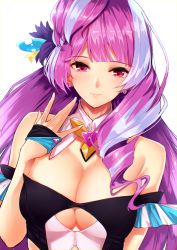 Rule 34 | 10s, 1girl, bare shoulders, blue hair, blush, bokokichi (you), breasts, cleavage, cleavage cutout, close-up, clothing cutout, commentary request, detached collar, dress, earrings, female focus, hair ornament, highres, jewelry, large breasts, lips, long hair, looking at viewer, macross, macross delta, mikumo guynemer, multicolored hair, nail polish, neck, off-shoulder dress, off shoulder, purple hair, red eyes, smile, solo, streaked hair, two-tone hair, upper body, walkure (macross delta)