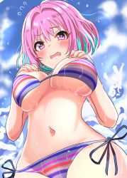 Rule 34 | 1girl, bikini, blue hair, blush, breasts, cloud, day, embarrassed, hair intakes, haruki (haruki678), highres, idolmaster, idolmaster cinderella girls, large breasts, looking at viewer, multicolored hair, navel, open mouth, pink eyes, pink hair, short hair, sky, solo, standing, striped bikini, striped clothes, sweat, swimsuit, two-tone hair, water, wavy mouth, wet, yumemi riamu