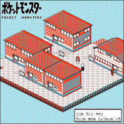 Rule 34 | 1girl, 2boys, backpack, bag, baseball cap, building, cinnabar island, commentary request, copyright name, creatures (company), door, from above, game freak, hat, kow (torakow), lowres, multiple boys, nintendo, pixel art, pokemon, pokemon center, pokemon gym, pokemon rgby, red (pokemon), shop, sign, standing, translation request, water, window
