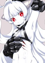 Rule 34 | 1girl, abyssal ship, ahoge, armpits, breasts, colored skin, covered erect nipples, gauntlets, gills, injury, kantai collection, long hair, nassukun, navel, new battleship princess, red eyes, small breasts, solo, upper body, white hair, white skin