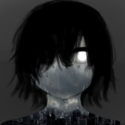 Rule 34 | 1other, absurdres, androgynous, avogado6, black hair, cityscape, commentary, crying, double exposure, grey background, hair over one eye, highres, looking at viewer, no mouth, one eye covered, original, overcast, photo inset, portrait, rain, short hair, simple background, sky, solo, straight-on, white eyes