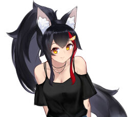 Rule 34 | 1girl, alternate costume, animal ear fluff, animal ears, black shirt, breasts, cleavage, collarbone, commentary request, hair ornament, high ponytail, highres, hololive, jewelry, light smile, long hair, looking at viewer, medium breasts, multicolored hair, necklace, off-shoulder shirt, off shoulder, ookami mio, ponytail, red hair, shirt, short sleeves, sidelocks, simple background, smile, standing, streaked hair, upper body, very long hair, virtual youtuber, white background, wolf ears, wolf girl, yamabuki7979, yellow eyes