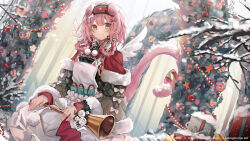 Rule 34 | 1girl, animal ears, apron, arknights, artist name, bow, braid, cat ears, cat girl, cat tail, christmas, copyright name, floppy ears, floral print, flower, fur-trimmed sleeves, fur trim, goldenglow (arknights), goldenglow (maiden for the bright night) (arknights), green sweater, hair bow, hair ornament, hairband, highres, holding, holding instrument, horn (instrument), instrument, long hair, looking at viewer, official alternate costume, pink hair, poinsettia, print hairband, red bow, red hairband, seiza, sitting, smile, solo, sweater, tail, tail bow, tail ornament, venn (vebonbon), watermark, web address, white apron, white bow, x hair ornament, yellow eyes