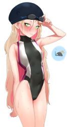 Rule 34 | 1girl, :3, absurdres, arm behind back, bad id, bad twitter id, black one-piece swimsuit, blonde hair, blush, character request, commentary request, competition swimsuit, copyright request, cowboy shot, goggles, goggles on head, green eyes, highleg, highleg swimsuit, highres, long hair, multicolored clothes, multicolored swimsuit, one-piece swimsuit, simple background, solo, standing, suisogenshi, swim cap, swimsuit, turtleneck, wet, wet clothes, wet swimsuit, white background