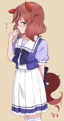 Rule 34 | 1girl, afterimage, animal ears, black bow, blouse, blue shirt, blush, bow, brown background, brown eyes, brown hair, ear covers, frilled skirt, frills, hand up, horse ears, horse girl, horse tail, looking at viewer, multicolored hair, nice nature (umamusume), parted lips, pleated skirt, puffy short sleeves, puffy sleeves, purple shirt, school uniform, shibasaki shouji, shirt, short sleeves, simple background, skirt, solo, streaked hair, tail, tail wagging, thighhighs, tracen school uniform, translation request, umamusume, white skirt, white thighhighs
