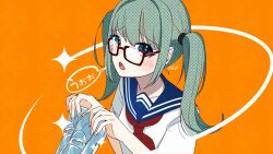 1girl aqua_hair blue_eyes cinderella_(vocaloid) glass_slipper glasses hatsune_miku highres holding holding_shoes loafers looking_at_viewer open_mouth orange_background pita5ling red-framed_eyewear school_uniform serafuku shoes shorts solo translation_request twintails vocaloid