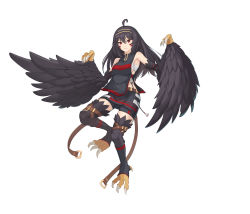 Rule 34 | 1girl, absurdres, ahoge, belt, black feathers, black hair, claws, commentary, commentary request, english commentary, facial mark, feathered wings, feathers, hairband, harpy, highres, jkus93, kneehighs, mixed-language commentary, monster girl, original, red eyes, sarashi, shorts, shorts under skirt, simple background, socks, solo, stirrup legwear, talons, toeless legwear, white background, winged arms, wings